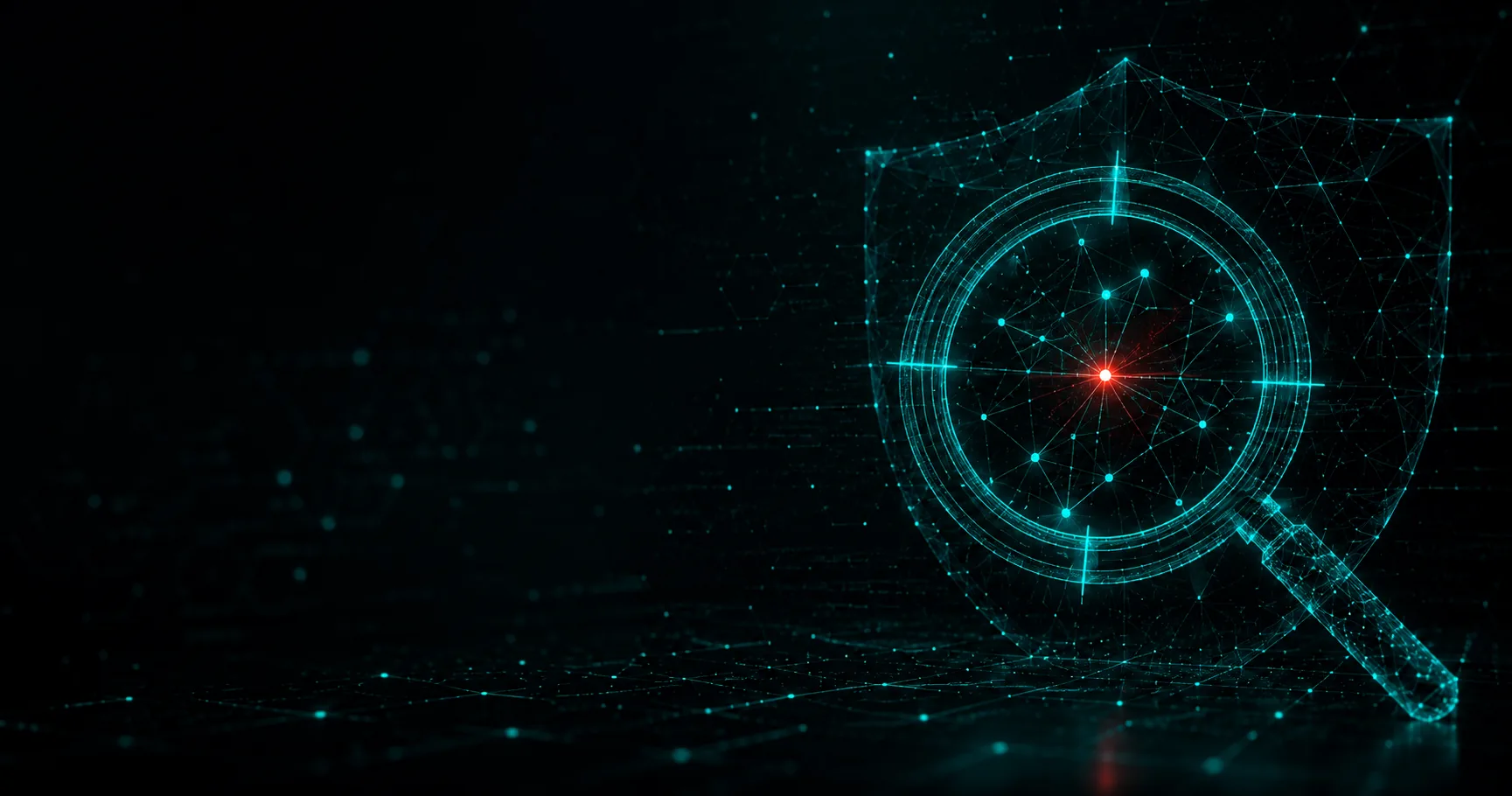 Lupa digital escaneando un escudo de red y detectando un punto de vulnerabilidad, representando una prueba de penetración